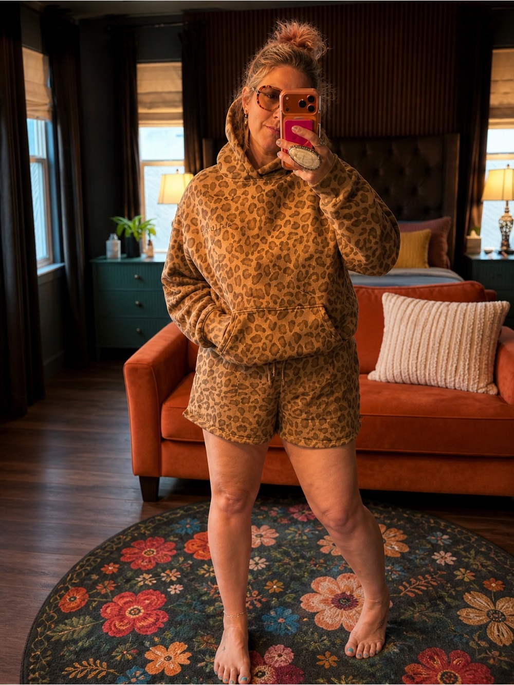 Comfrt Leopard Print Hoodie & Shorts Matching Set Brown Cozy Lounge Set